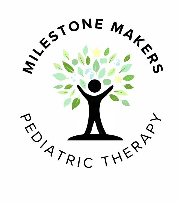 Logo featuring a black silhouette of a person with arms raised, surrounded by green leaves, with text "Milestone Makers" above and "Pediatric Therapy" below, forming a circular shape.