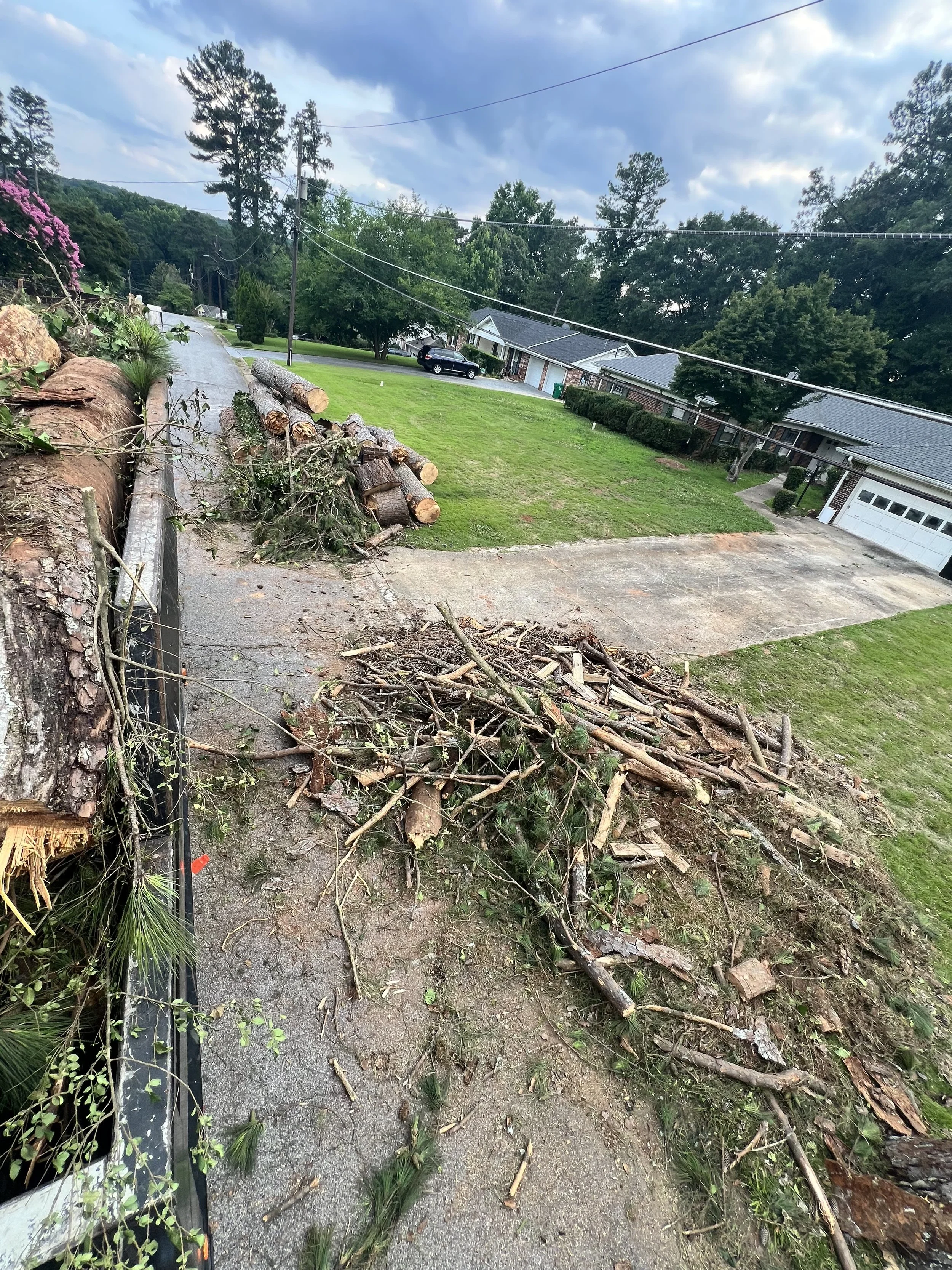 Debris and fallen tree limbs covering a sidewalk next to a yard with houses, trees, and a cloudy sky.