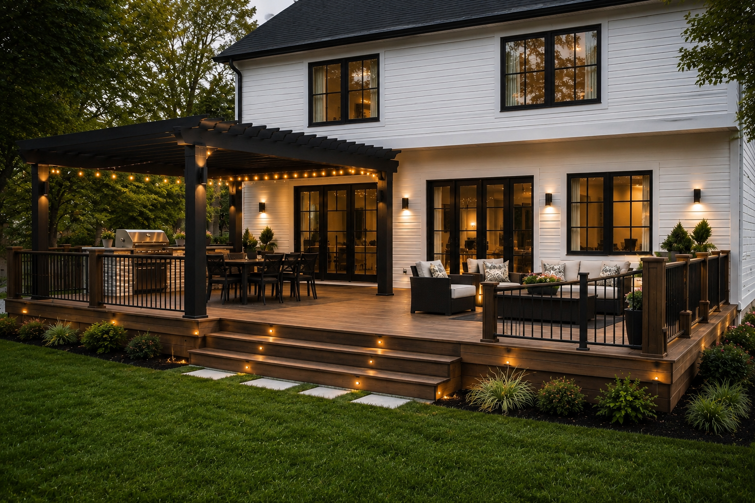 A backyard deck with outdoor furniture, string lights, and a built-in grill, attached to a white house with large windows, surrounded by a landscaped garden and trees.