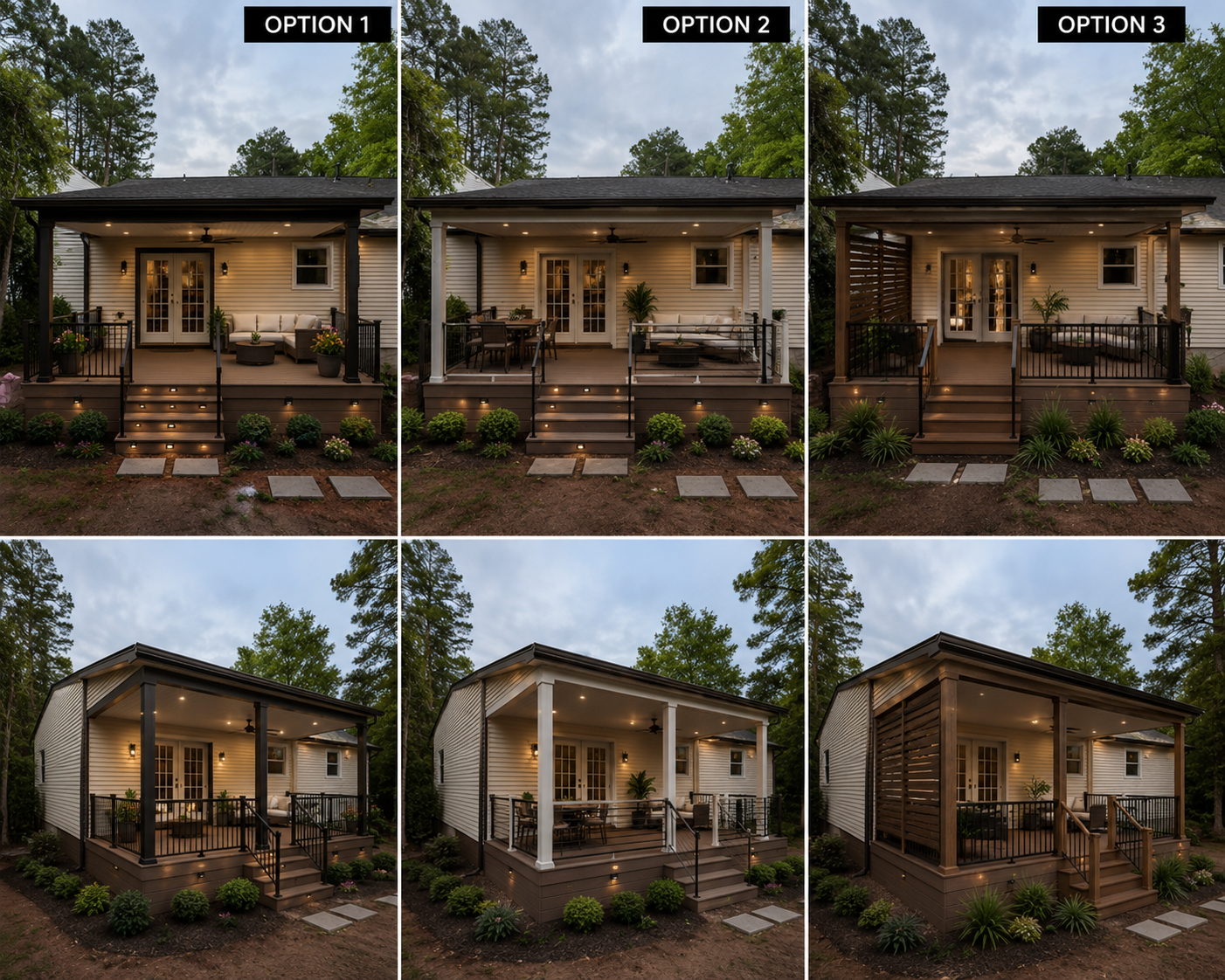Comparison of three different porch options for a house, showing nighttime views from the front. The top row shows front views of each porch with various furniture arrangements and lighting options, labeled Option 1, Option 2, and Option 3. The bottom row shows side views of the same porches, highlighting structural differences such as columns, wall panels, and lighting.