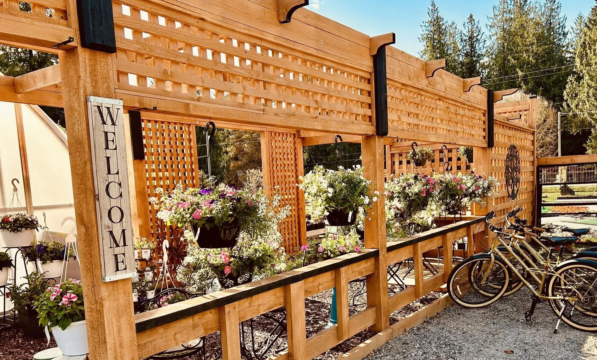 A wooden outdoor garden or patio area with lattice fencing, hanging flower pots, a sign that says 'Welcome,' and several bicycles parked along the side.
