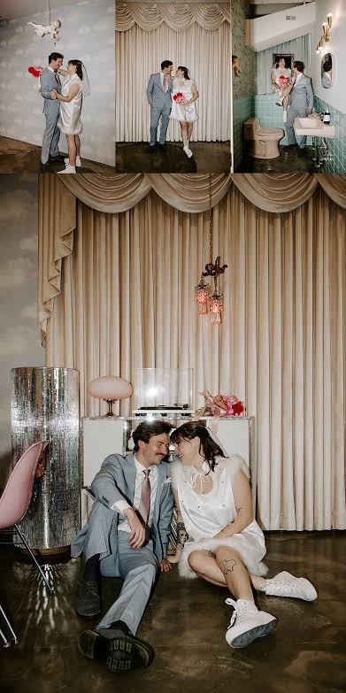A collage of four wedding photos showing a couple in various settings. The top left photo features them dancing, the top middle shows them standing and holding flowers, the top right depicts them in a bathroom holding flowers, and the bottom photo captures them sitting on the floor in front of curtains, smiling at each other.