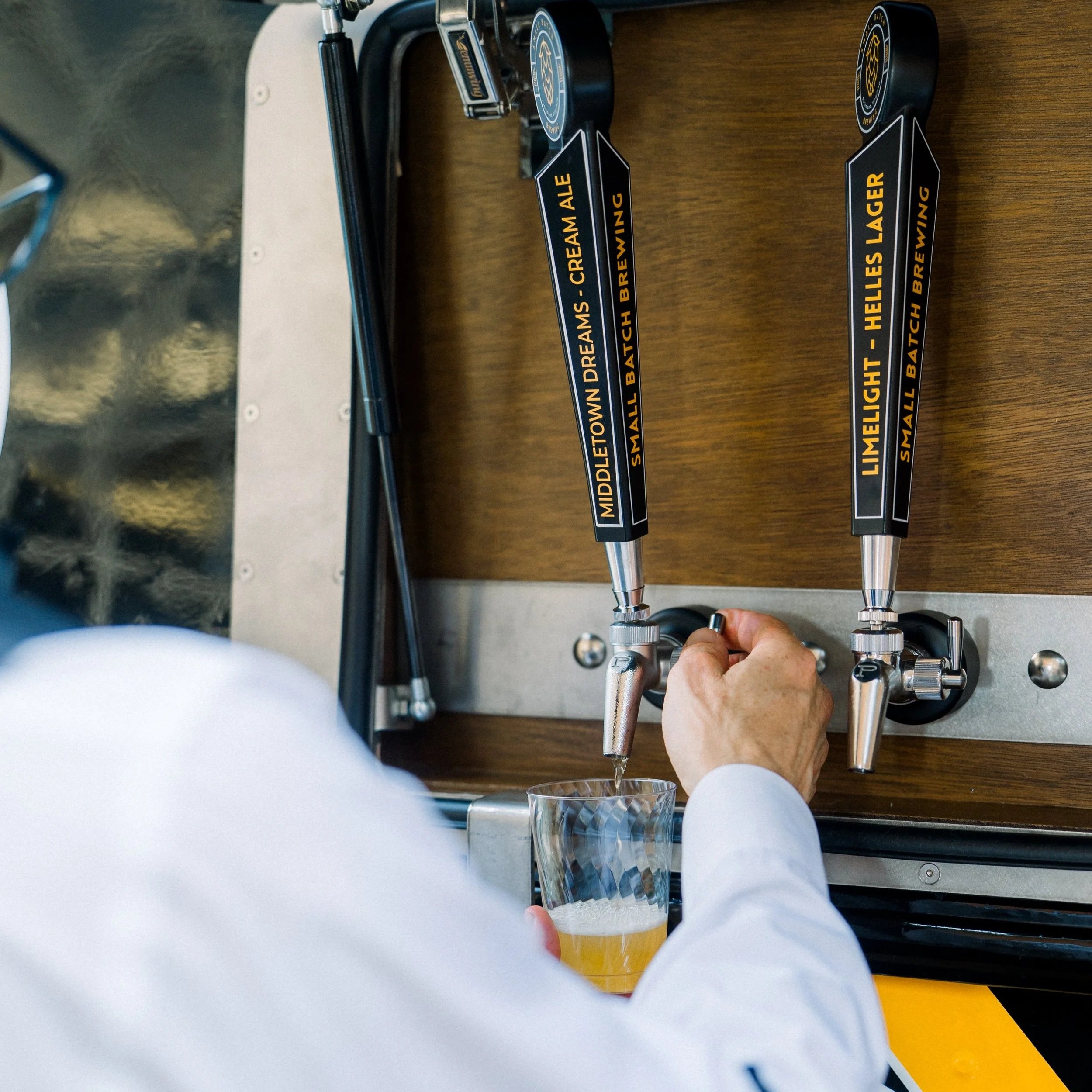 Close-up of Monty's six taps pouring local craft beer