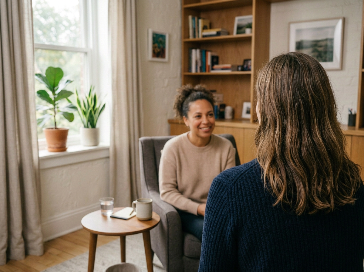 Therapist sitting with client in therapy session