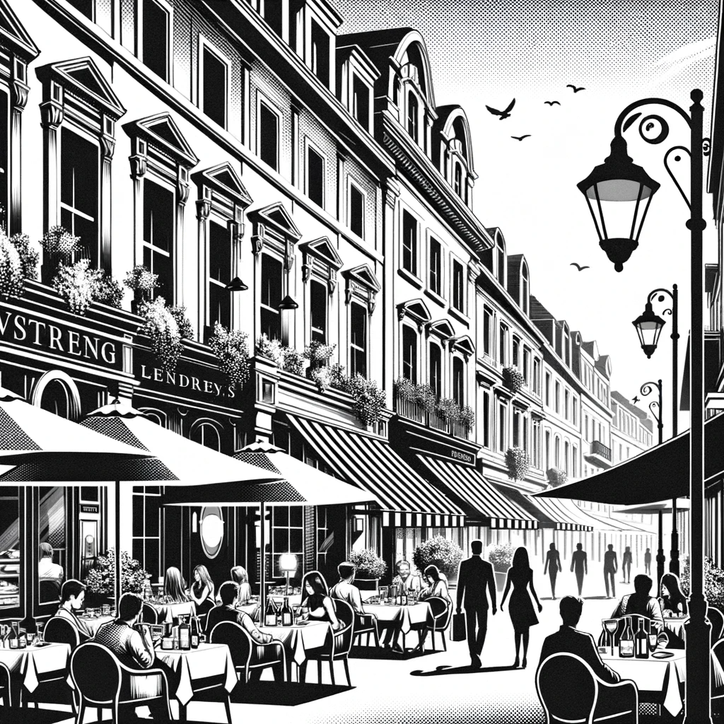 Black and white illustration of a European-style street scene with outdoor dining, multi-story buildings with storefronts, café umbrellas, street lamps, and people walking or sitting at tables.