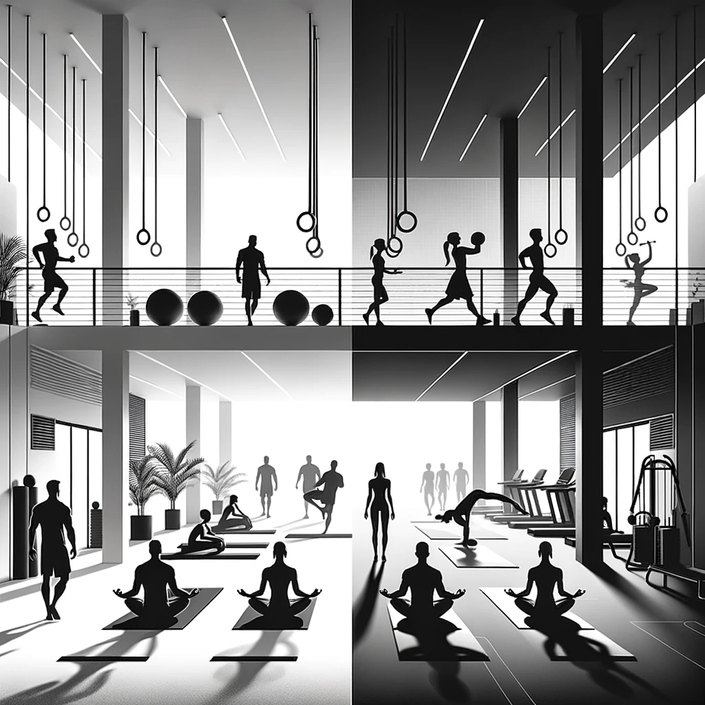 Split black and white image of a gym showing people exercising on the upper and lower levels, including yoga mats, weightlifting, and cardio equipment, with modern lighting and interior design.