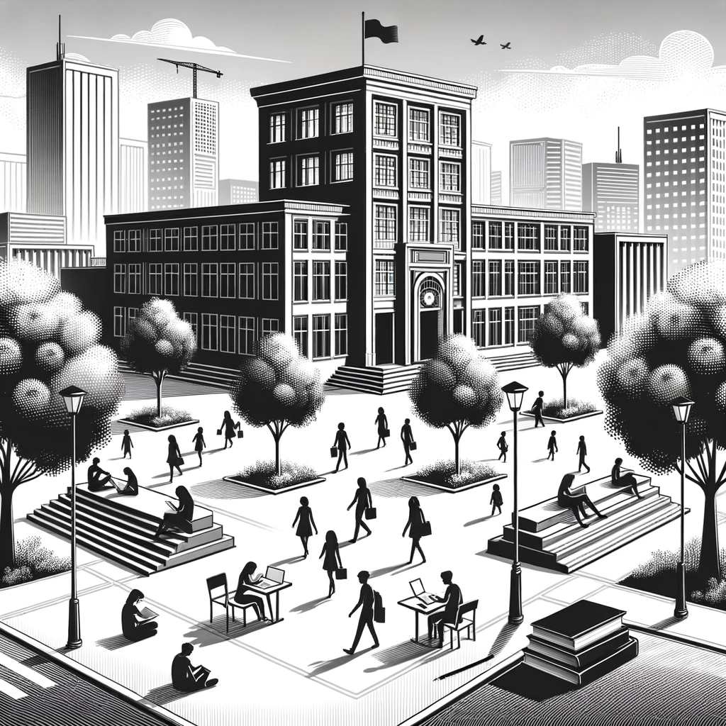 A black and white illustration of an urban park in front of a large city hall building with people walking, sitting, and working outdoors, surrounded by trees and city skyscrapers in the background.