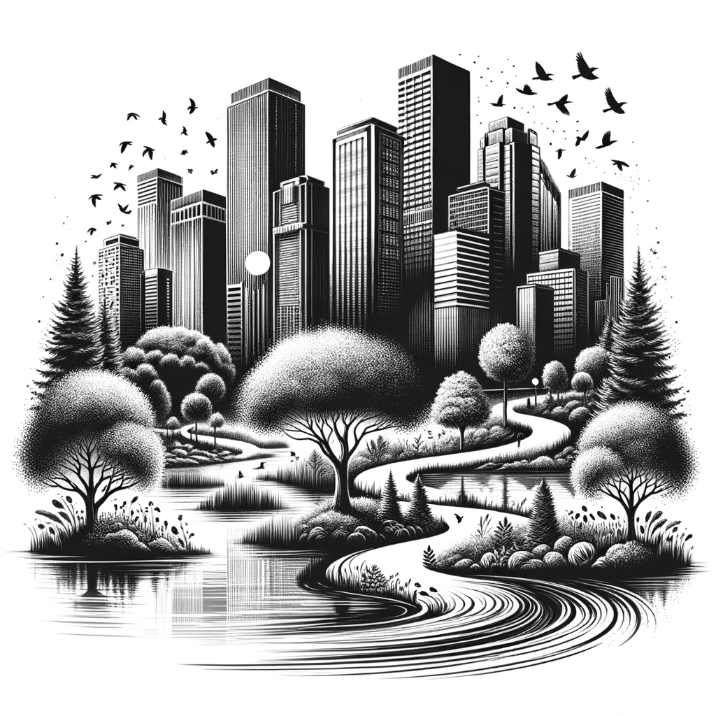 Black and white illustration of a city skyline with tall modern buildings in the background, a park with trees, bushes, and a winding river in the foreground, and birds flying in the sky.
