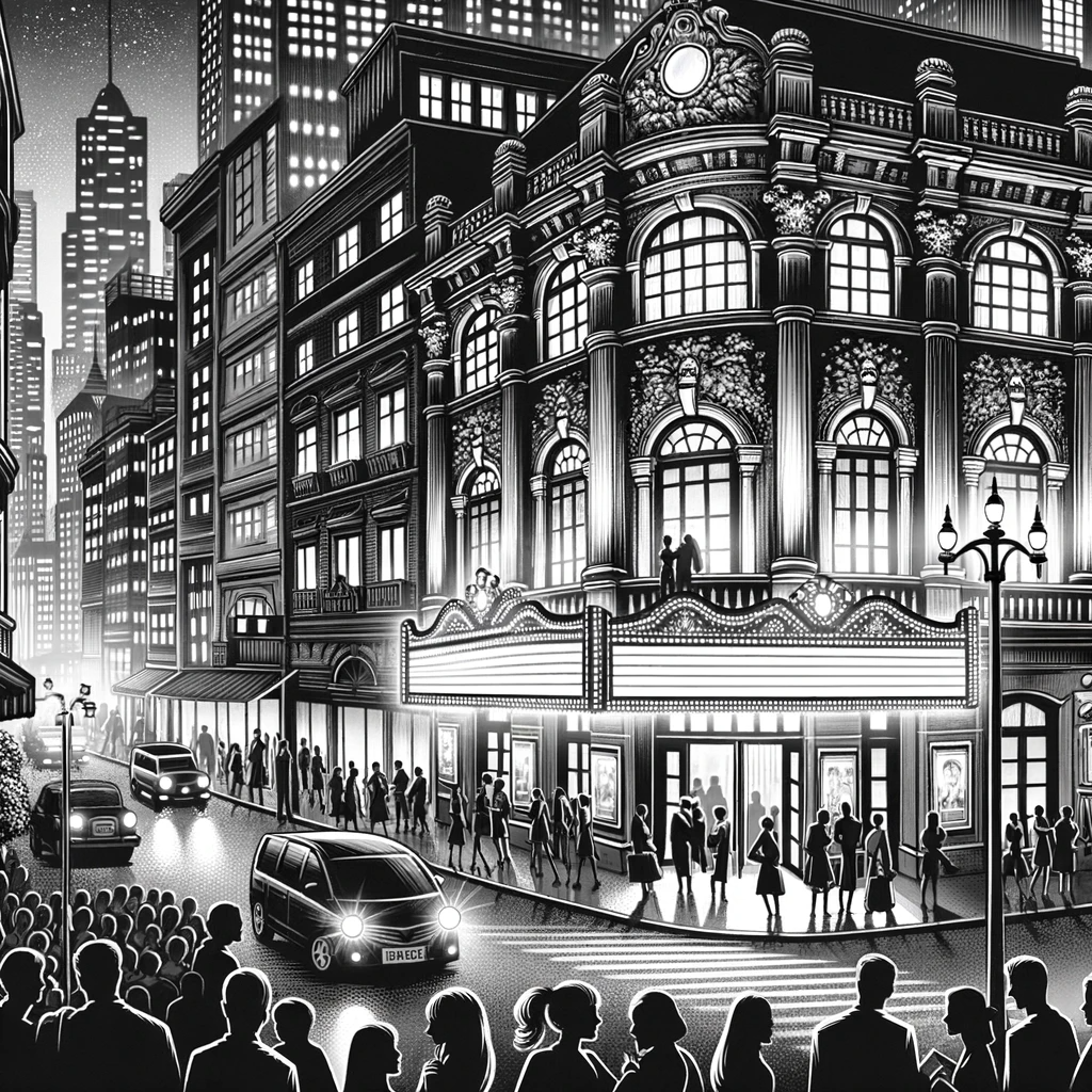 A black and white illustration of a city street at night featuring ornate, classical-style buildings with large arched windows and decorative details. People walk on the sidewalk, and cars drive on the street with luminous headlights, while skyscrapers rise in the background.