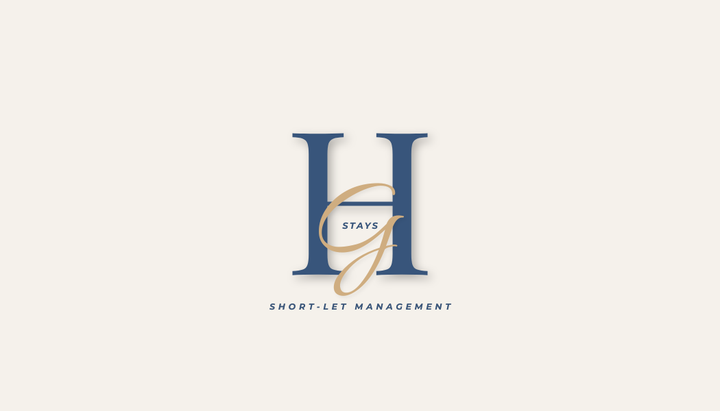 Logo with the letter H in dark blue, a stylized gold letter G intertwined with the H, and the words 'Stays' in small font inside the G. Below, it says 'Short-Let Management' in blue capital letters.