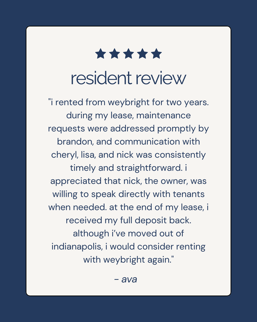 A digital review card with a navy blue background and a white central box displaying a five-star rating and a resident review about a landlord named Brandon. The review mentions positive experiences with maintenance, communication, and receiving the full deposit back.