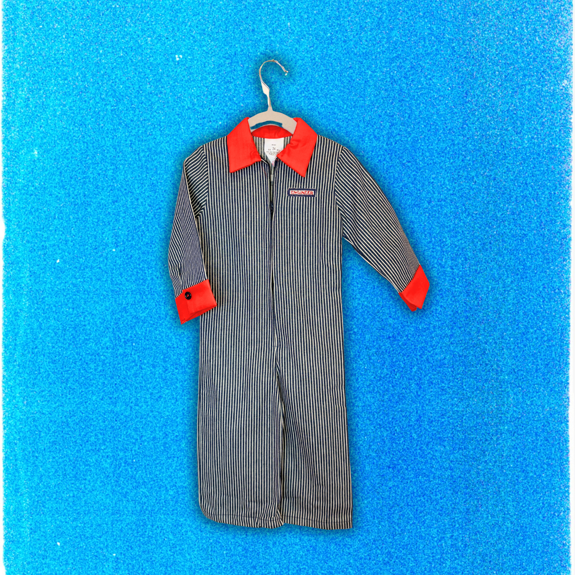 Blue, white engineer striped coveralls, "engineer" patch