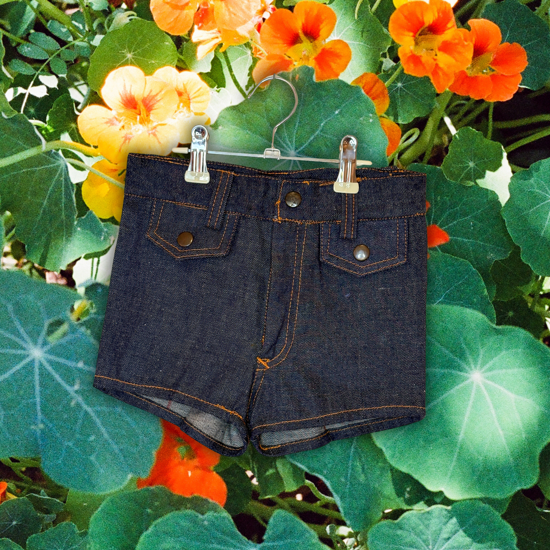Dark demin shorts, orange thread stitching