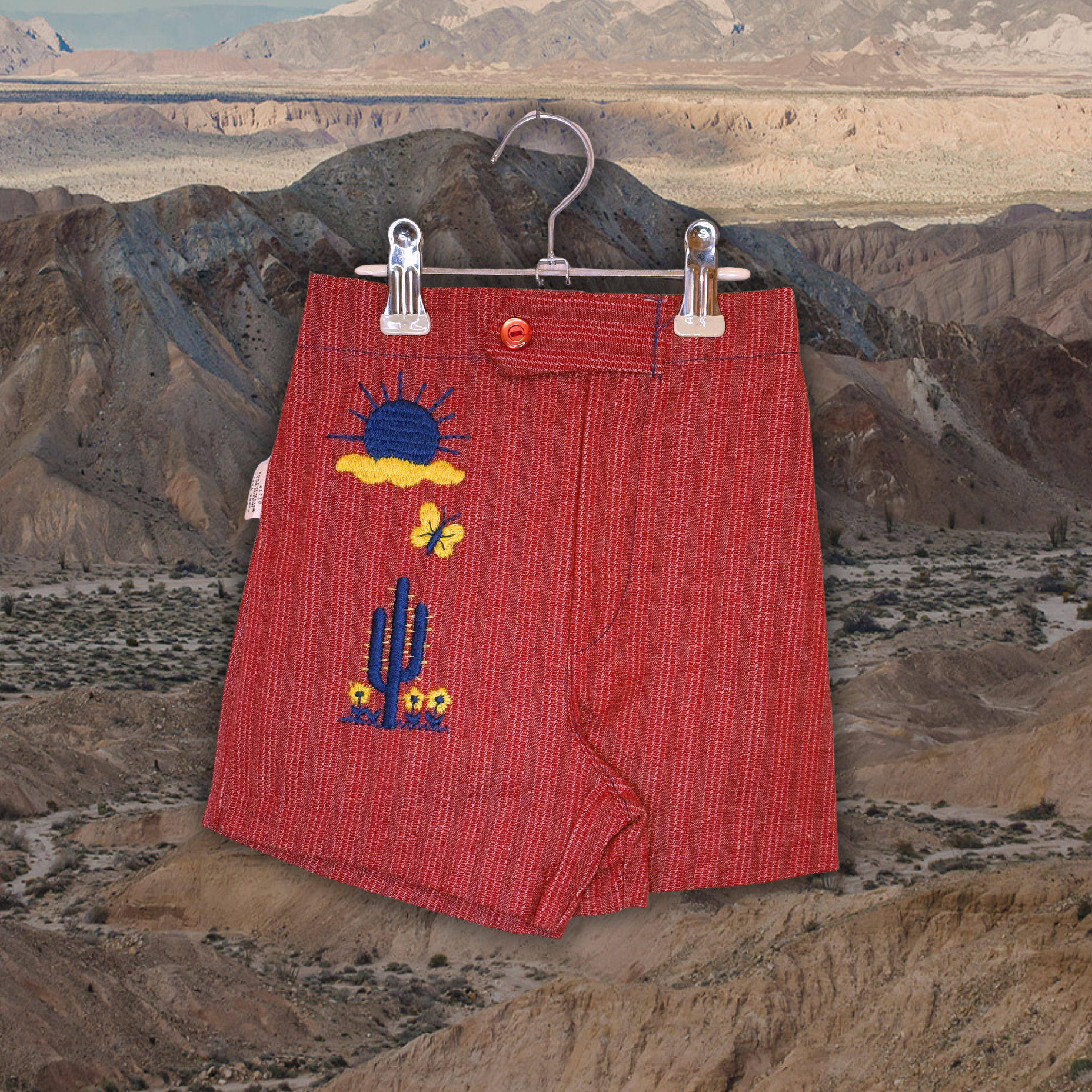 Red embroidered desert cactus shorts