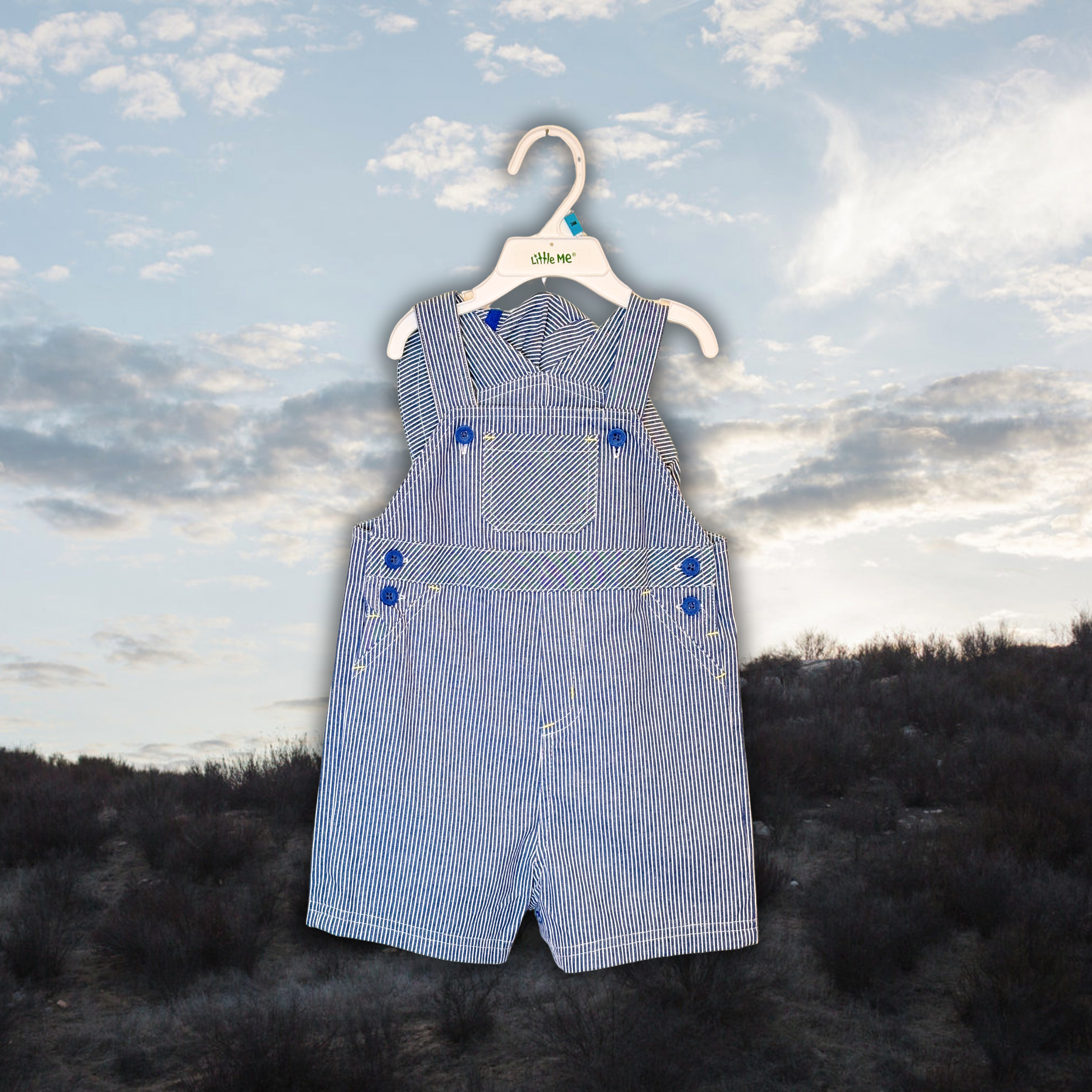 Blue, white engineer striped shortalls, hat set