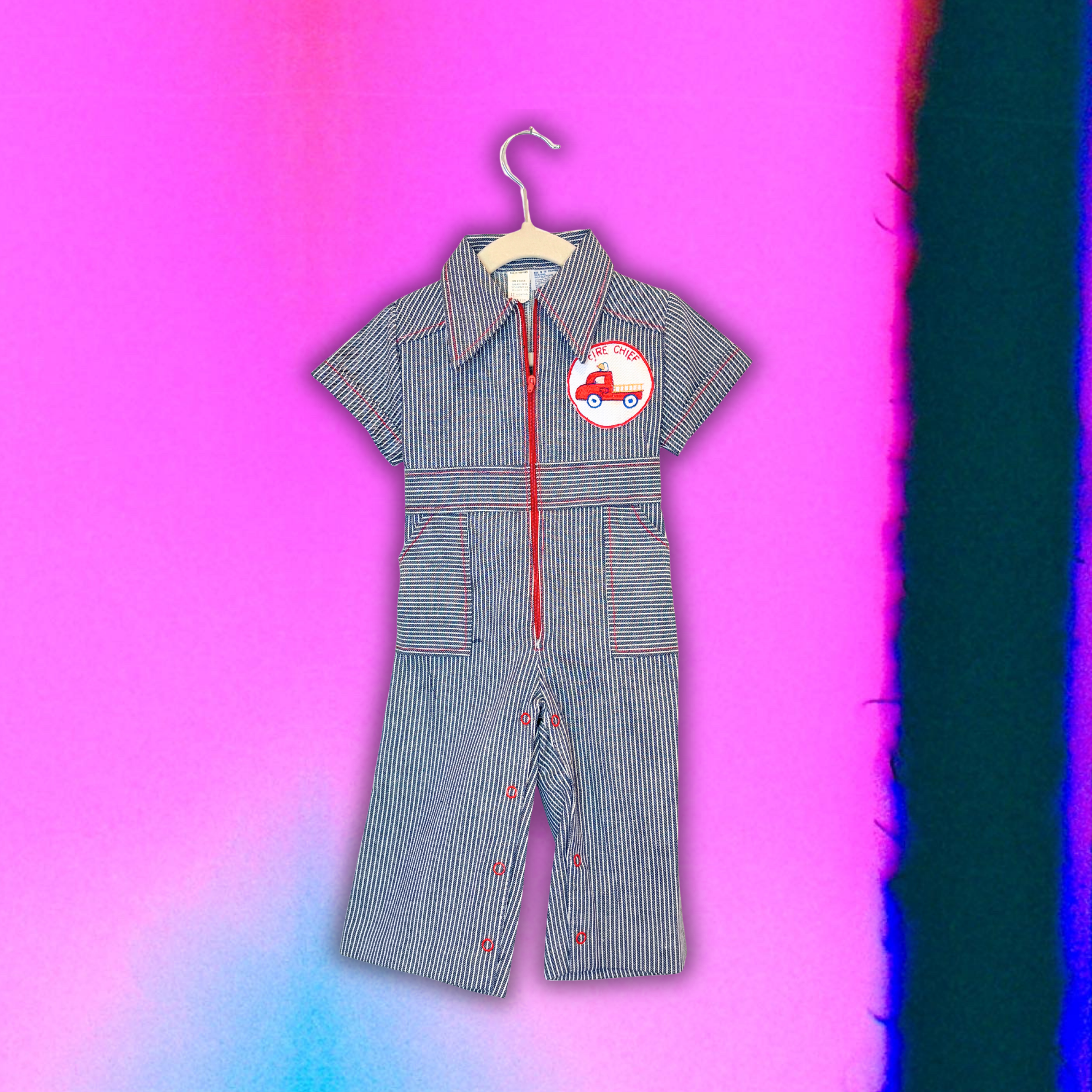 Blue, white engineer striped coveralls, "fire chief" patch