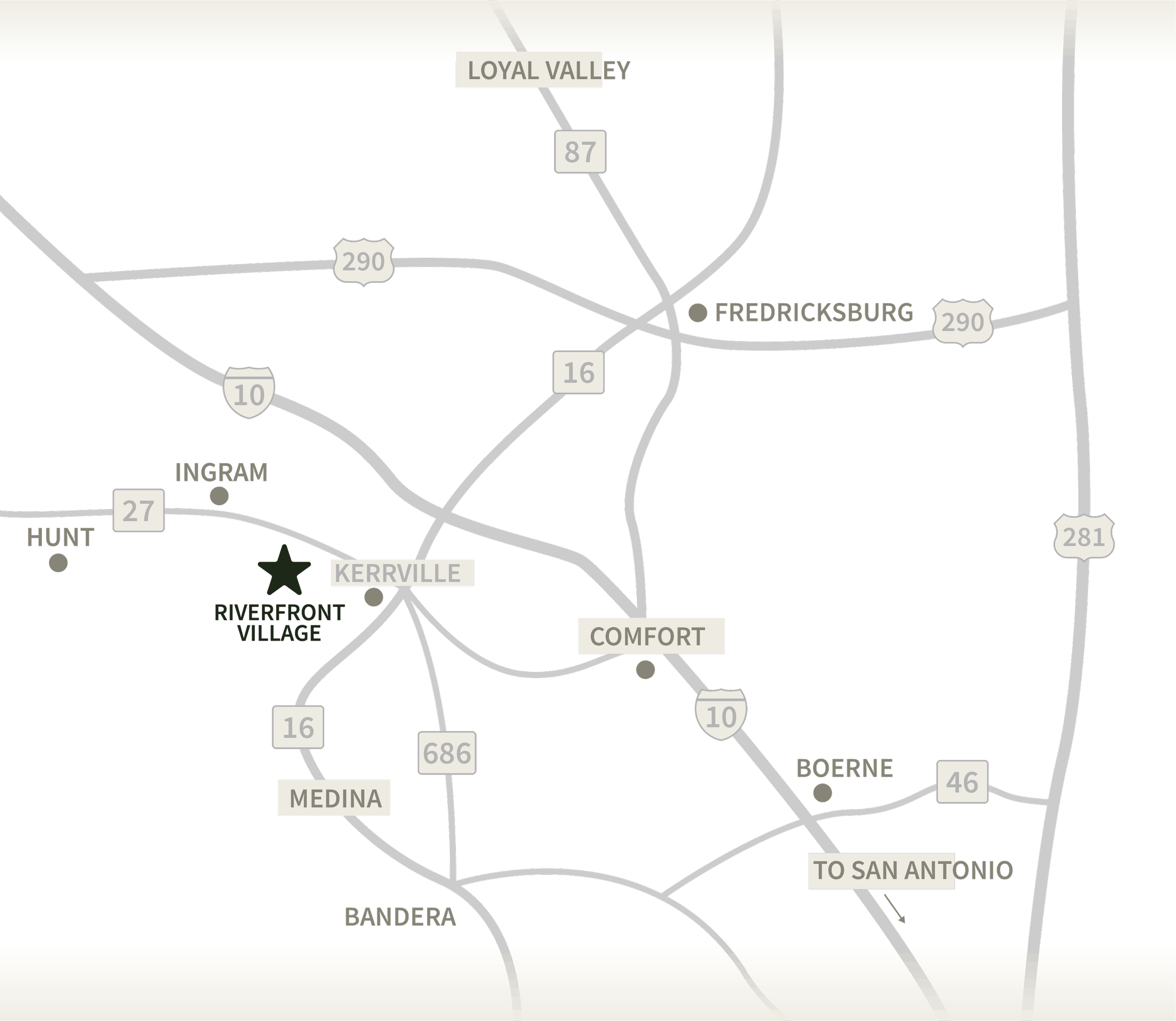 Map showing roads and highways around Fredricksburg, Texas, including routes 87, 290, 16, 10, 686, 27, and 46, with nearby locations Kerrville, Riverfront Village, Bandera, Boerne, and San Antonio.