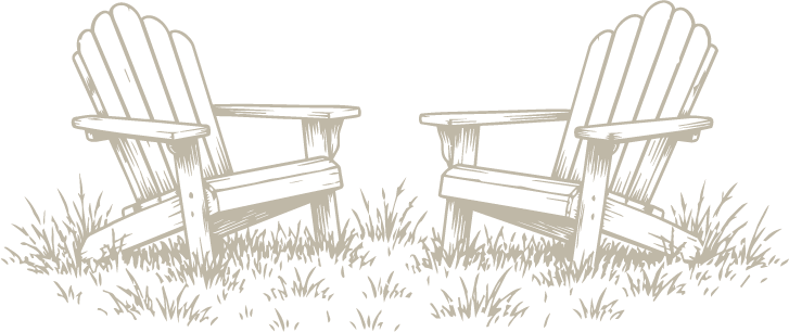 Line drawing of two wooden chairs facing each other on the grass.
