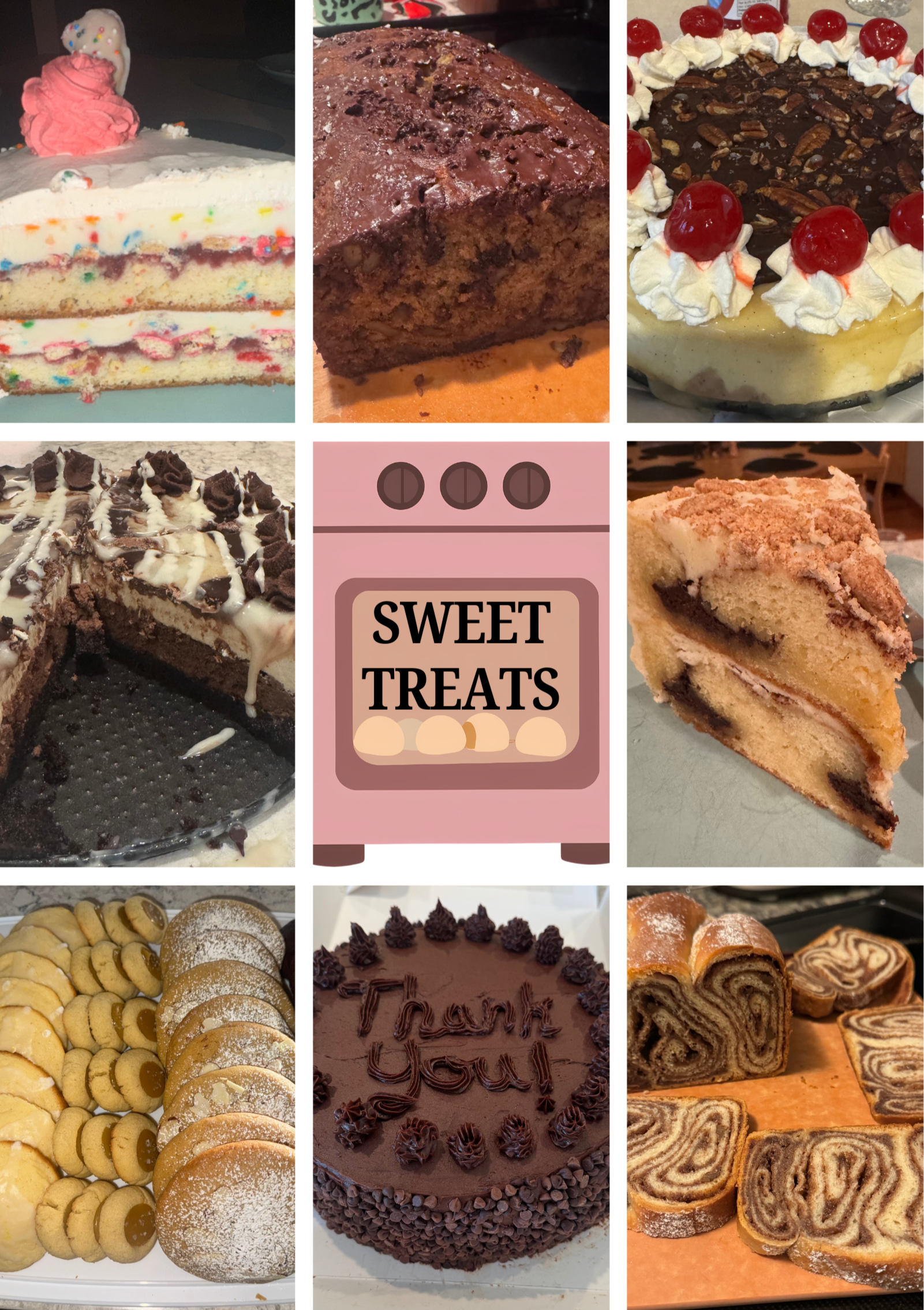Collage of various sweet treats including slices of cake, cookies, a chocolate cake, and a rolled pastry. There is also a graphic of a pink kitchen stove with the words 'Sweet Treats'.