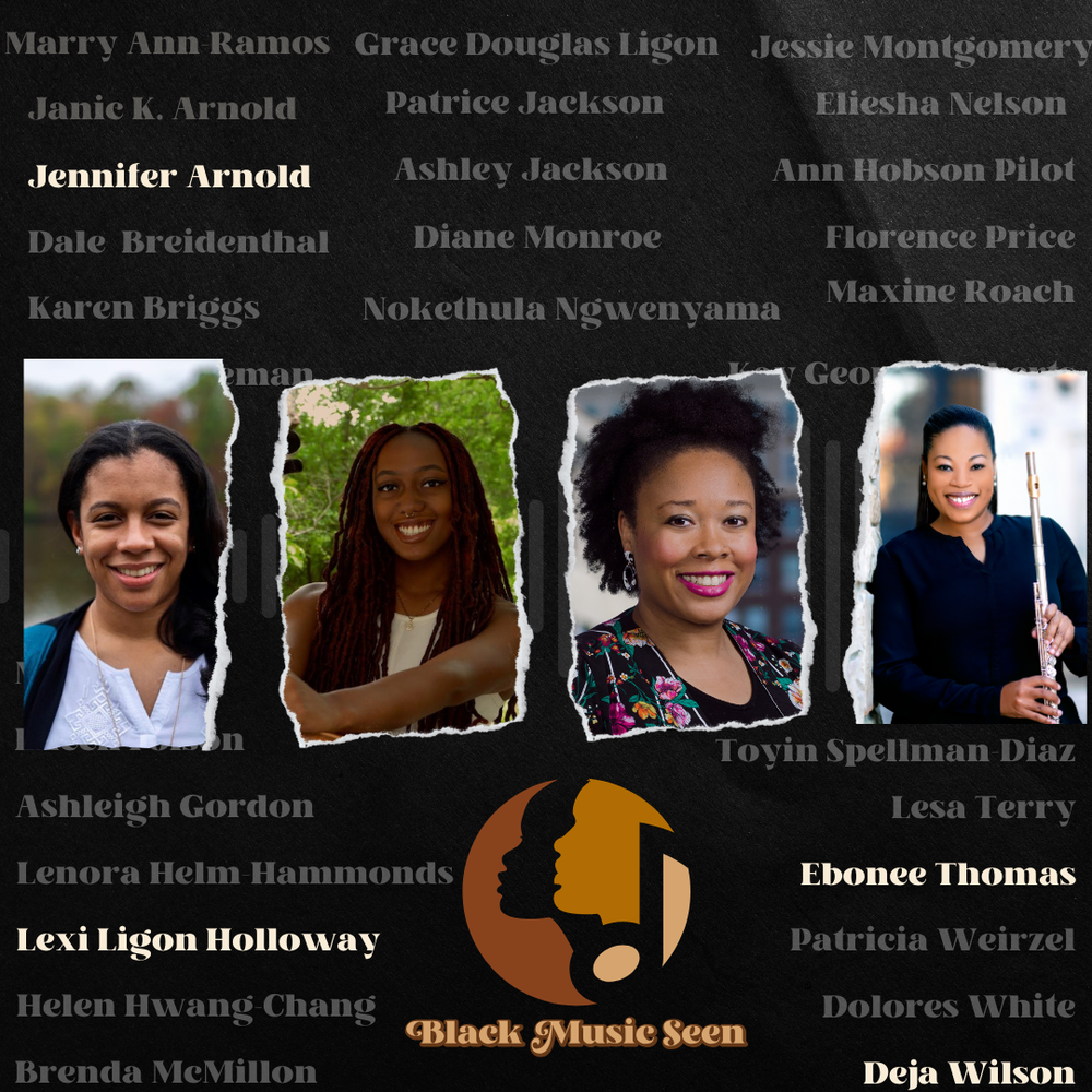 Collage featuring four women, with a black background, torn paper edges, and a list of names in the background. A logo with a silhouette of a woman's face and the text "Black Music Seen" is in the center.