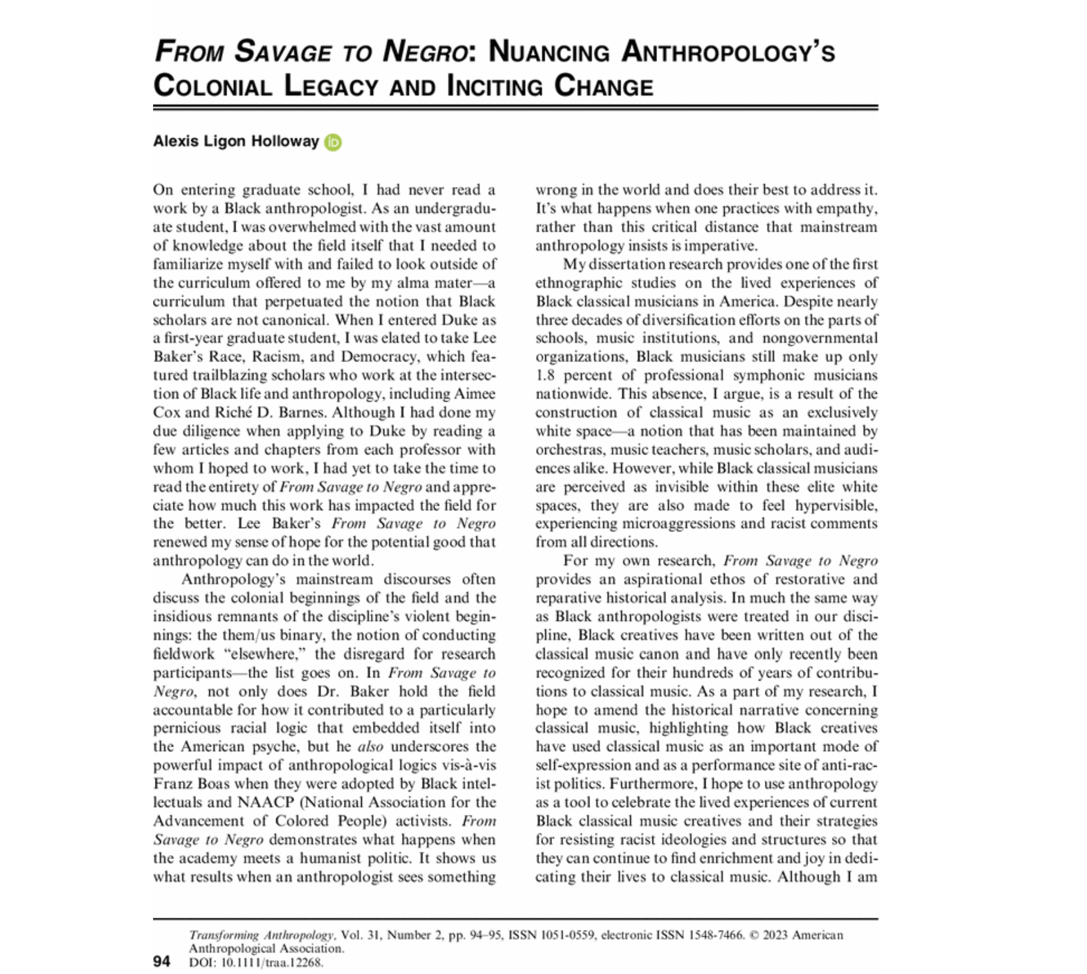 Page from an academic journal or book article titled 'From Savage to Negro: Nuancing Anthropology's Colonial Legacy and Inciting Change', authored by Alexis Ligon Holloway, with text discussing anthropological perspectives, research, and cultural analysis.