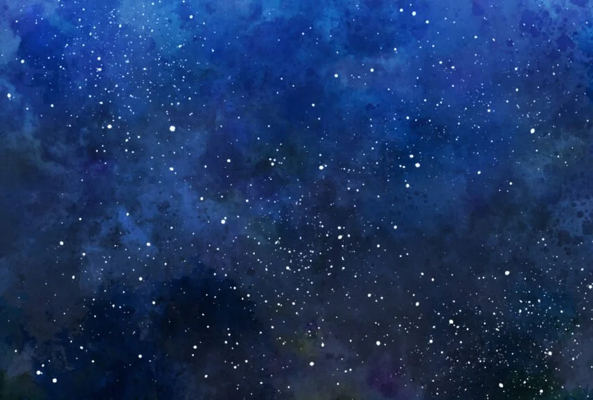 Starry night sky with numerous white stars on a dark blue and purple background
