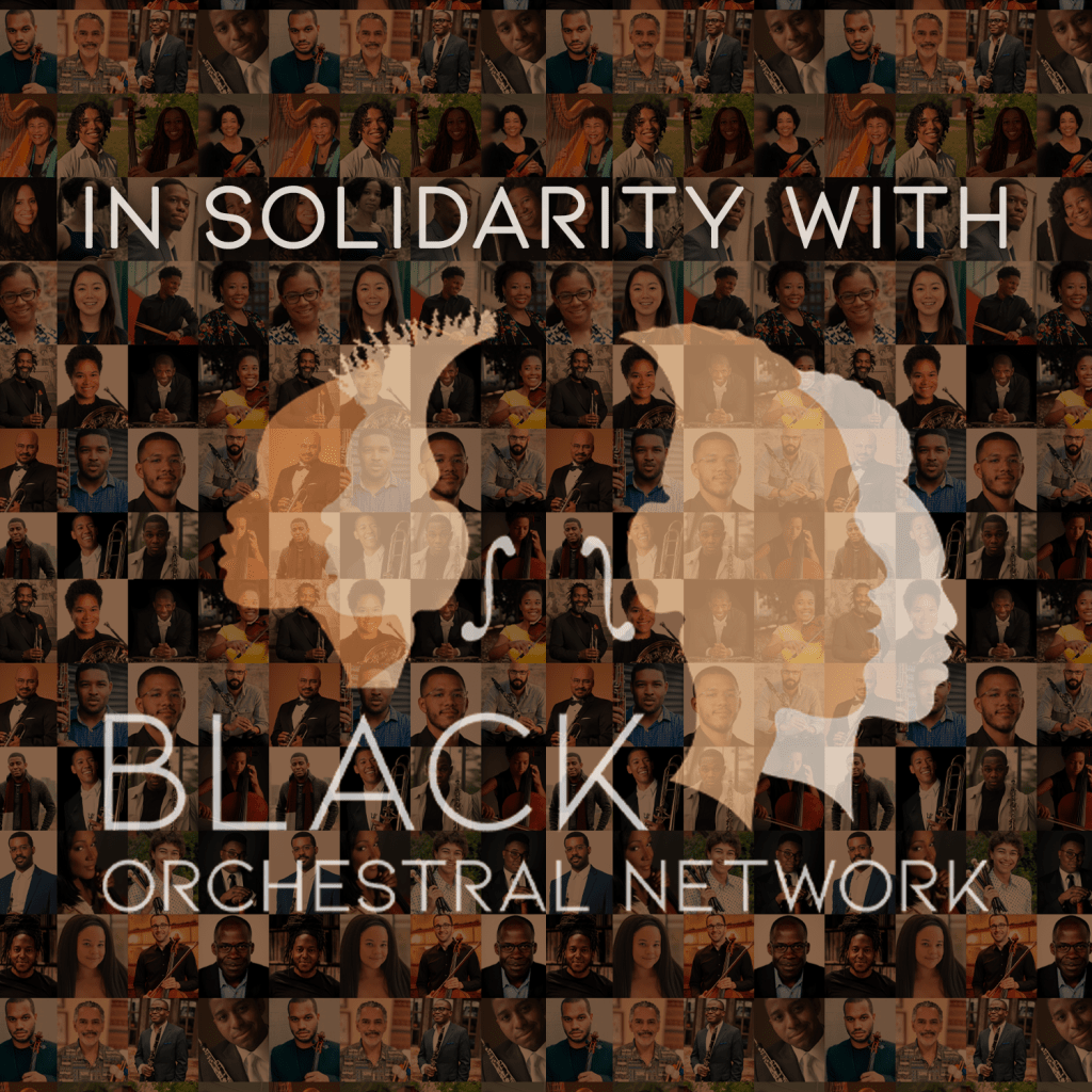 A collage of diverse musicians and individuals with the text 'In Solidarity with Black Orchestral Network' overlaid.