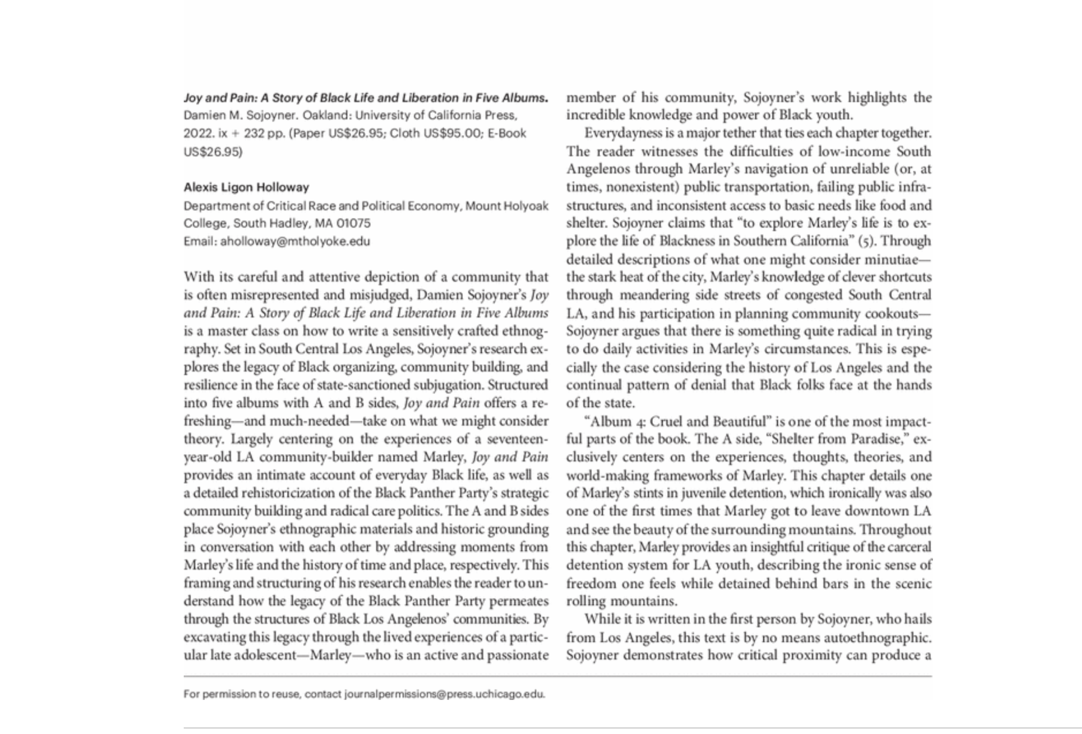 Excerpt of a book page with text about Damien M. Sojoyner's 'Joy and Pain: A Story of Black Life and Liberation in Five Albums', including author details and discussion summary.