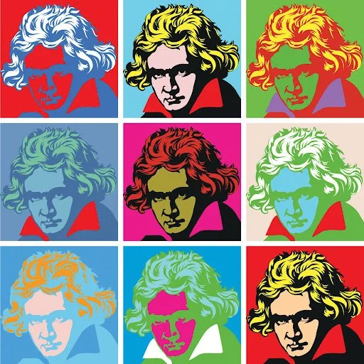 Nine pop art portraits of a person with wavy hair, each with different vibrant background colors and color schemes.