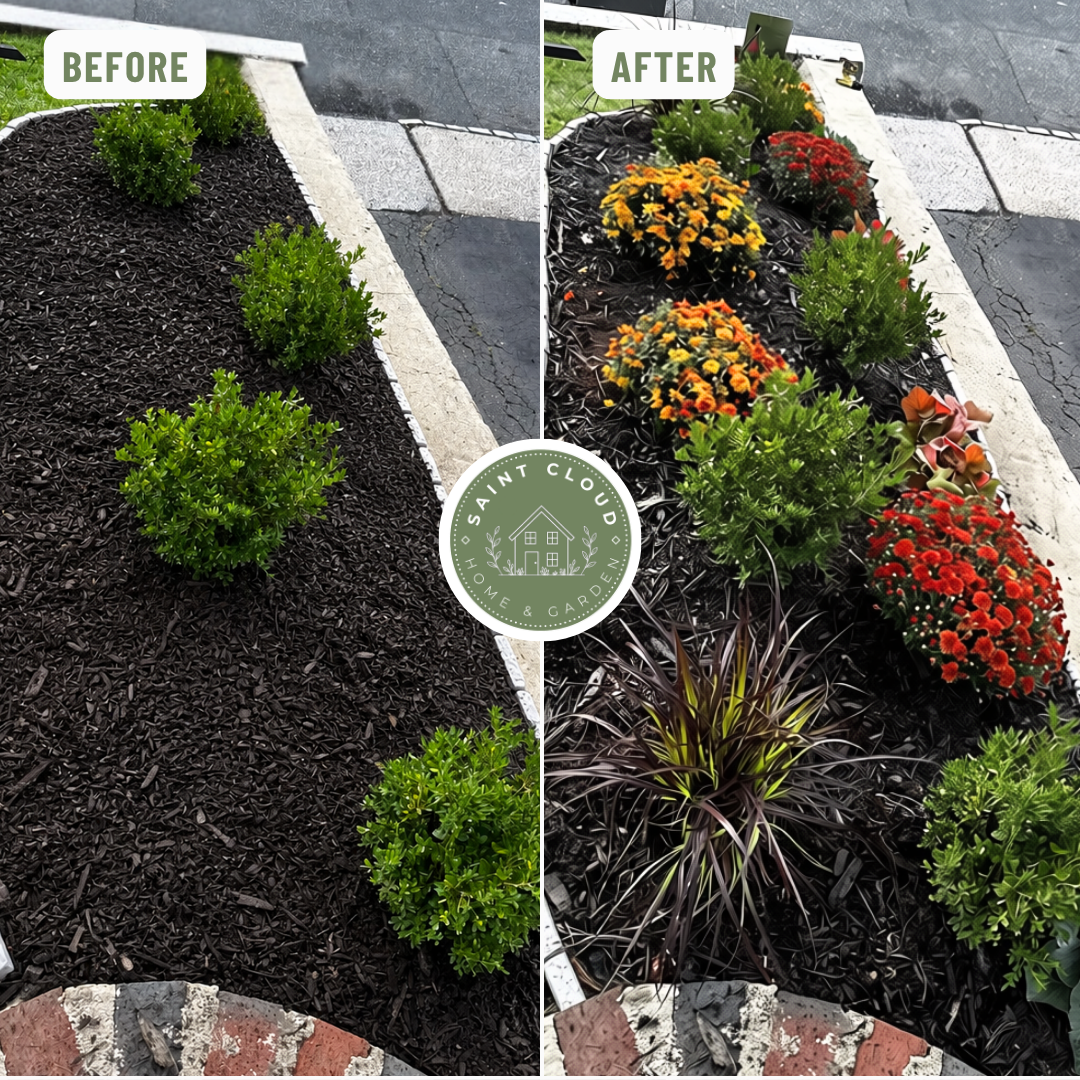Before and after of a garden bed refreshed with new flowering plants and fresh mulch.