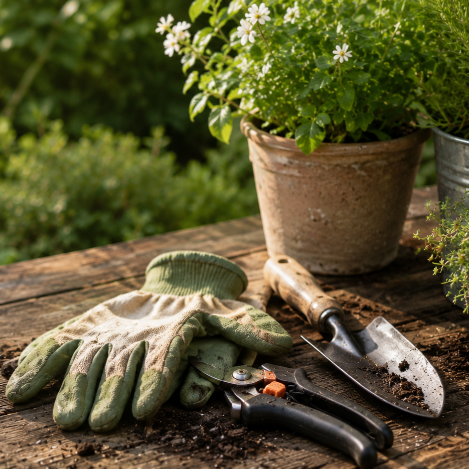 Gardening gloves, pruning shears, and a hand trowel beside potted plants.