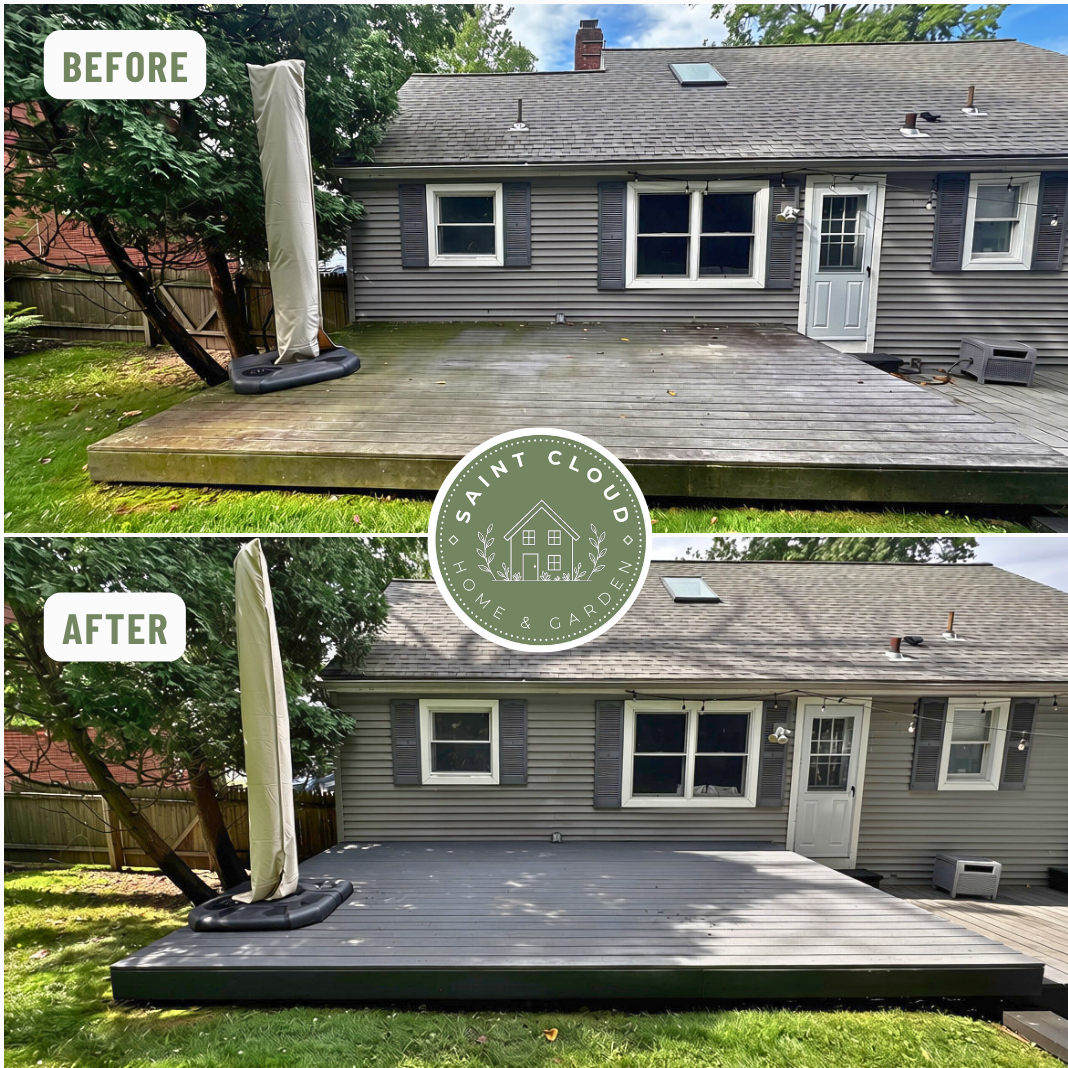 Before and after of a weathered backyard deck cleaned to restore its original appearance.