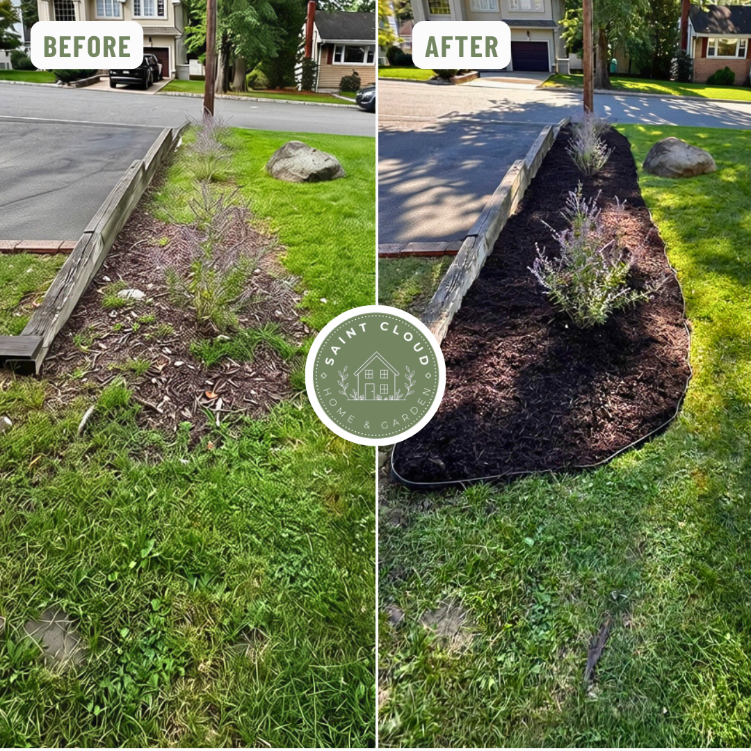 Before and after of a front garden bed refreshed with new planting, edging, and dark mulch.