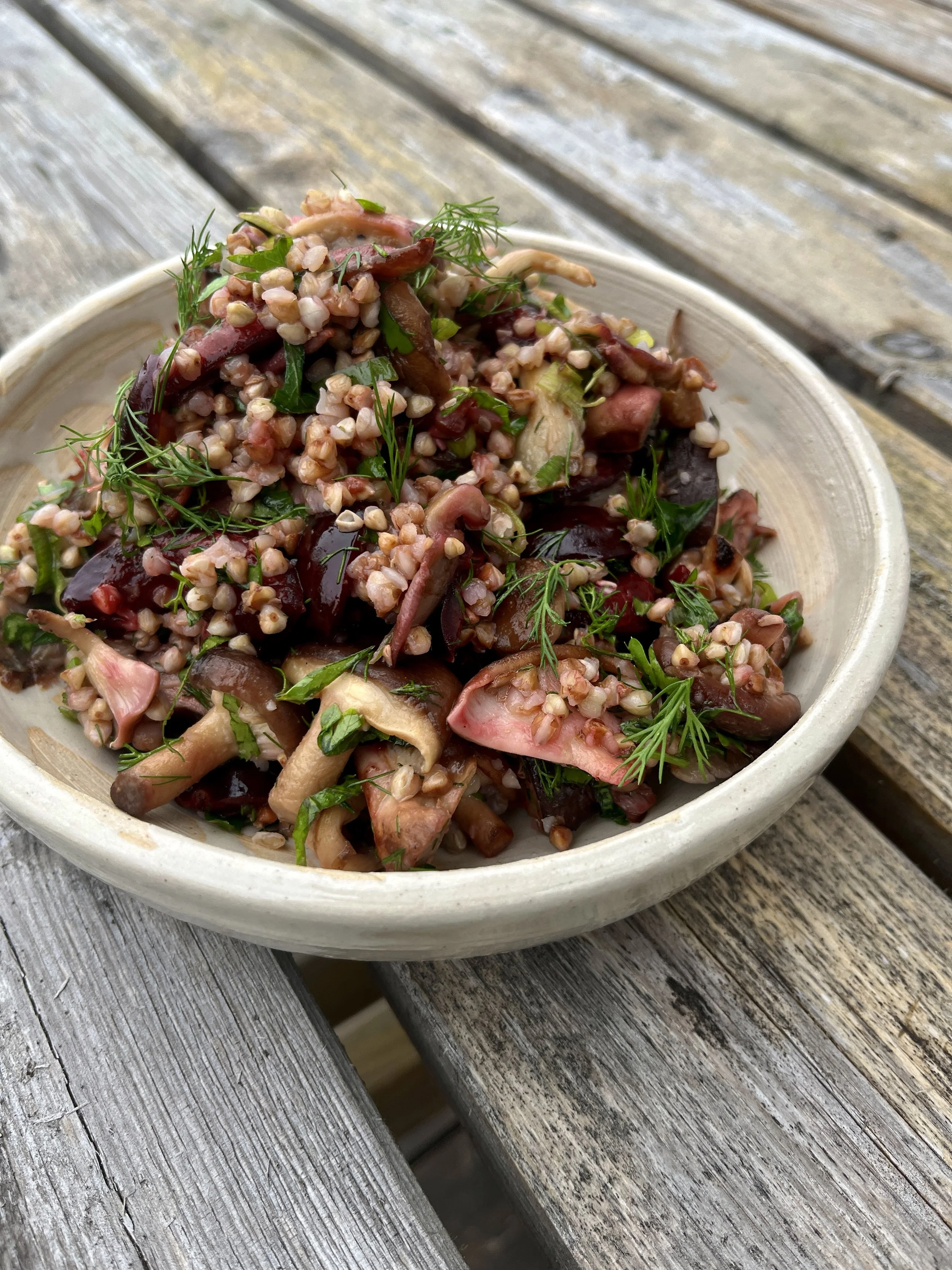 Close-up of a bowl containing cooked groats, mixed with herbs, mushrooms, and garnished with fresh dill, placed on a rustic wooden table.