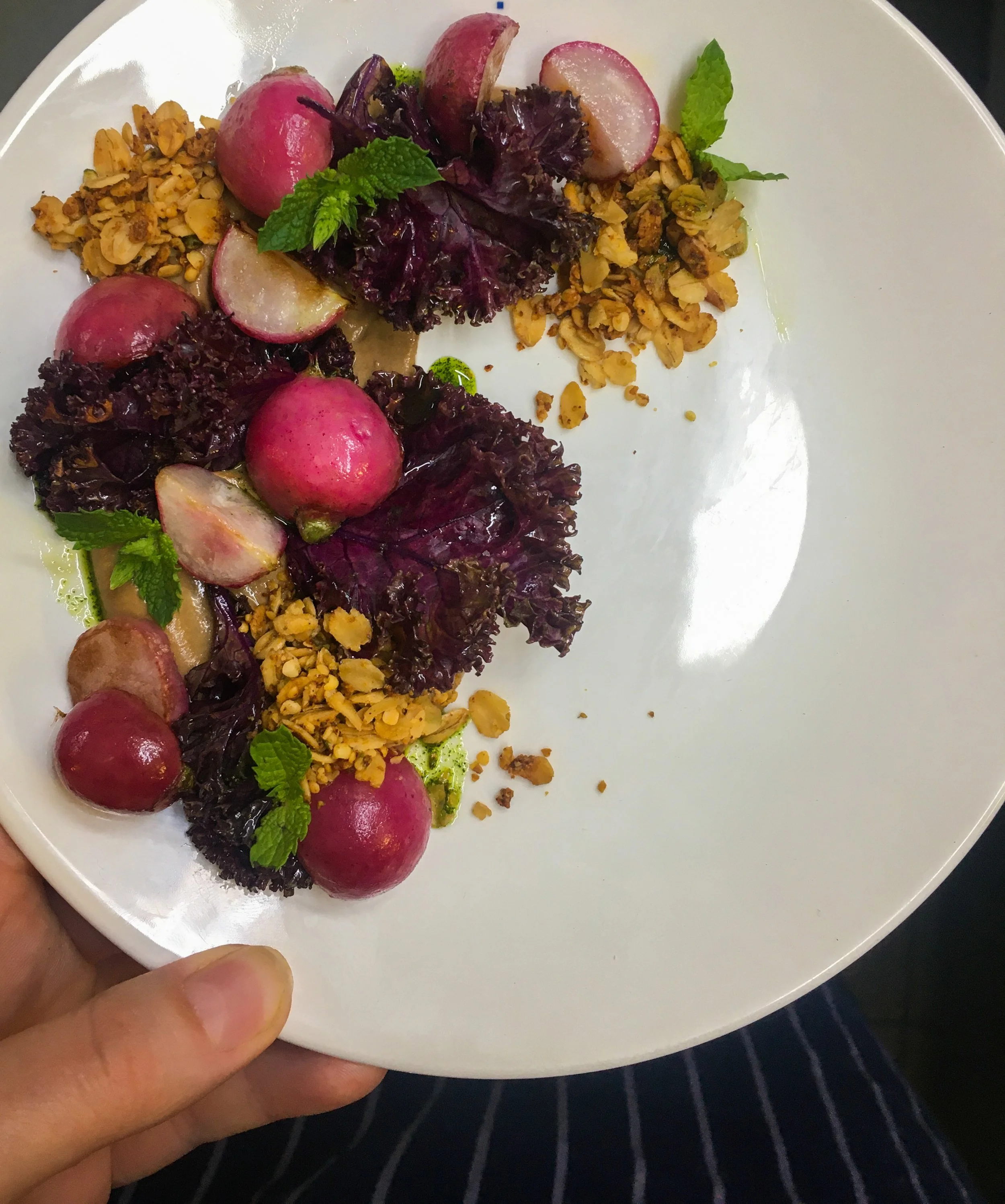 A white plate of food held by a person's hand. The dish contains radishes, chopped nuts or granola, and fresh herbs.