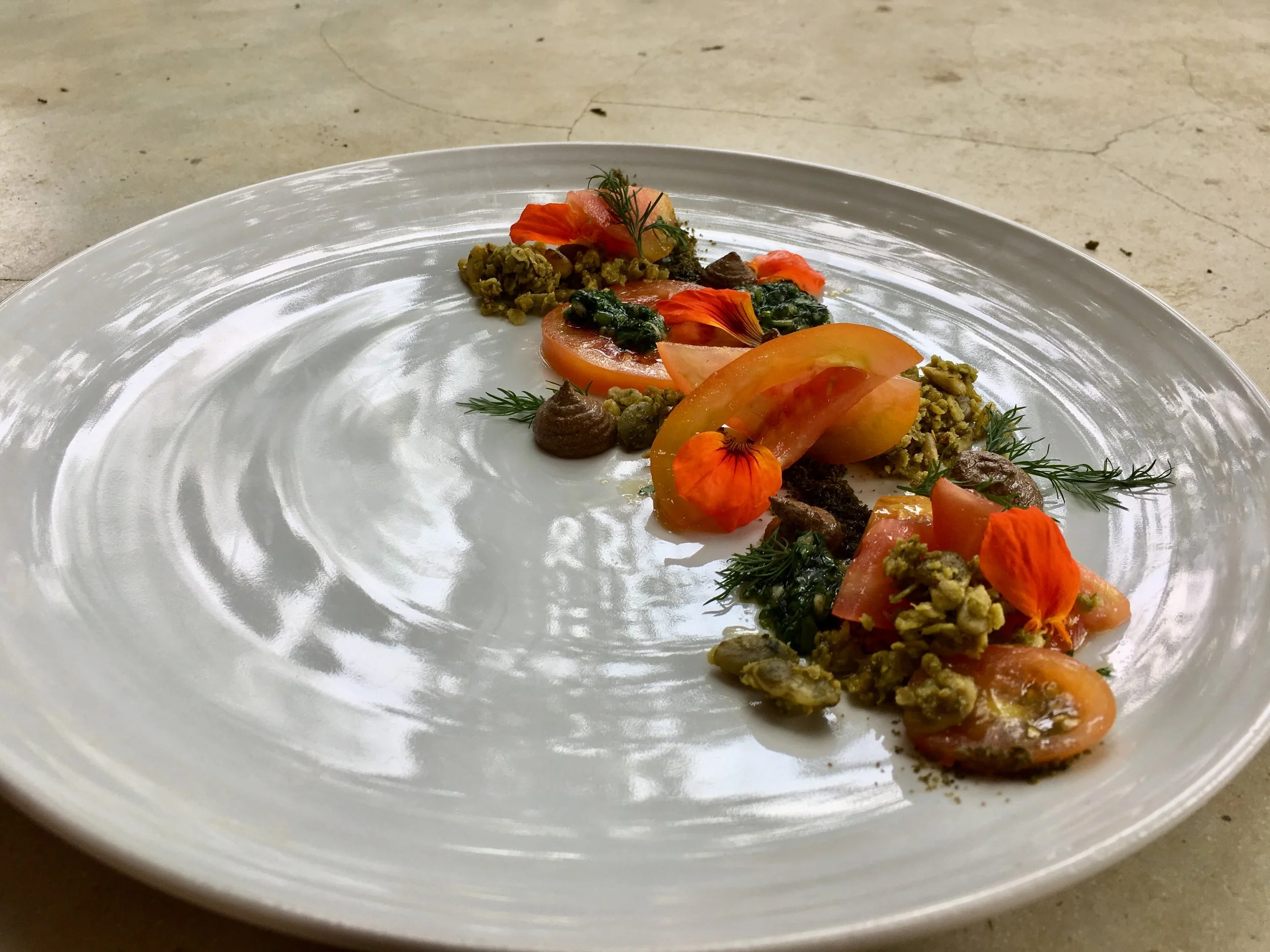 A white plate with an artful small serving of food including sliced tomatoes, green herbs, and various garnishes, on a concrete or stone surface.