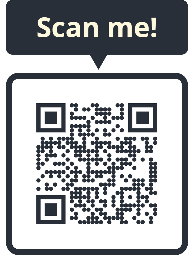 Sign with speech bubble saying 'Scan me!' above a QR code.