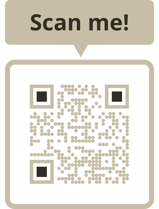 A digital payment card with a QR code, with a speech bubble above that says 'Scan me!' in bold text.