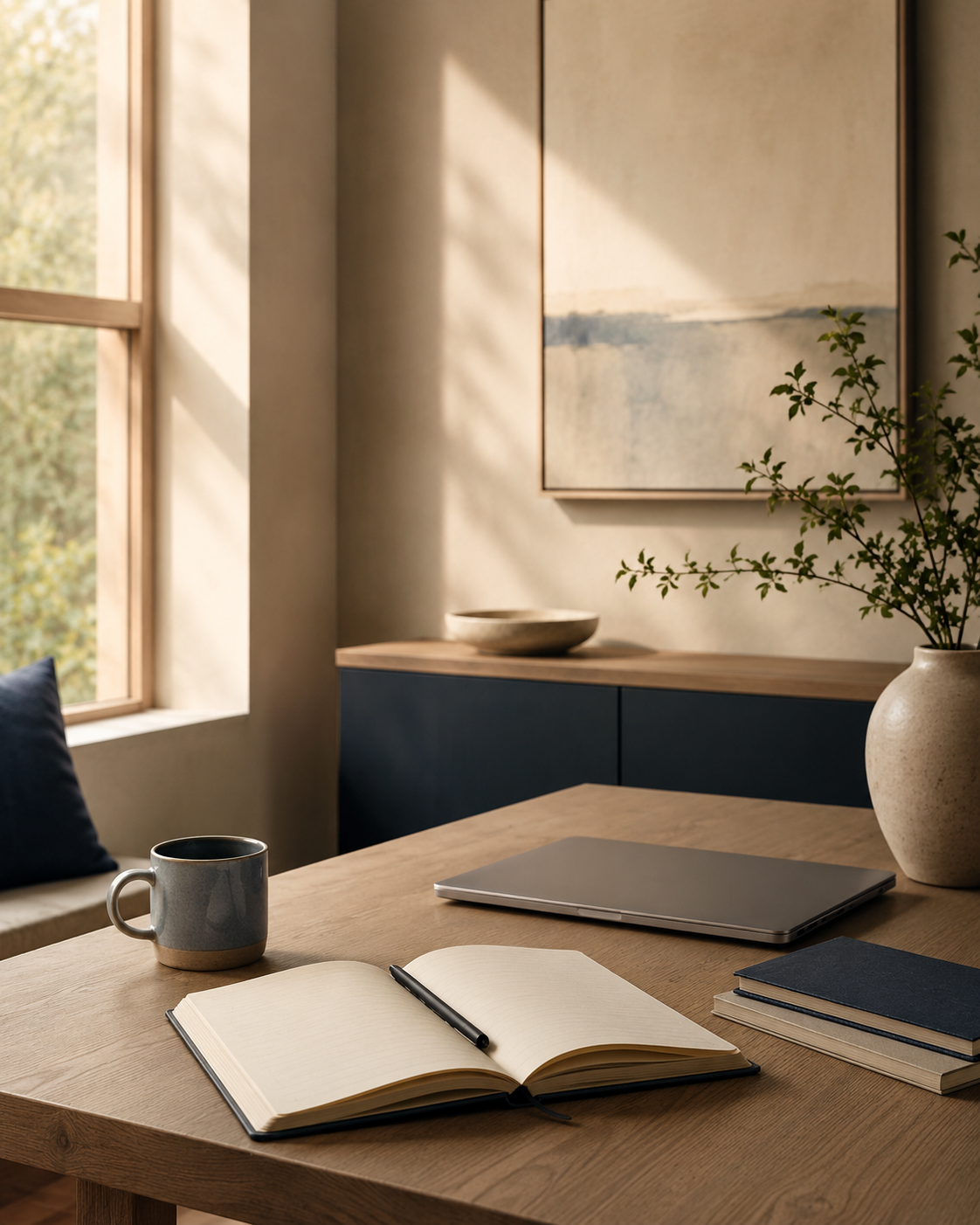 A cozy workspace with a wooden desk, open notebook, black pen, gray coffee mug, closed laptop, and stacked books. Natural light streams through large window with trees outside. There's a white vase with a green plant and abstract wall art in the background.