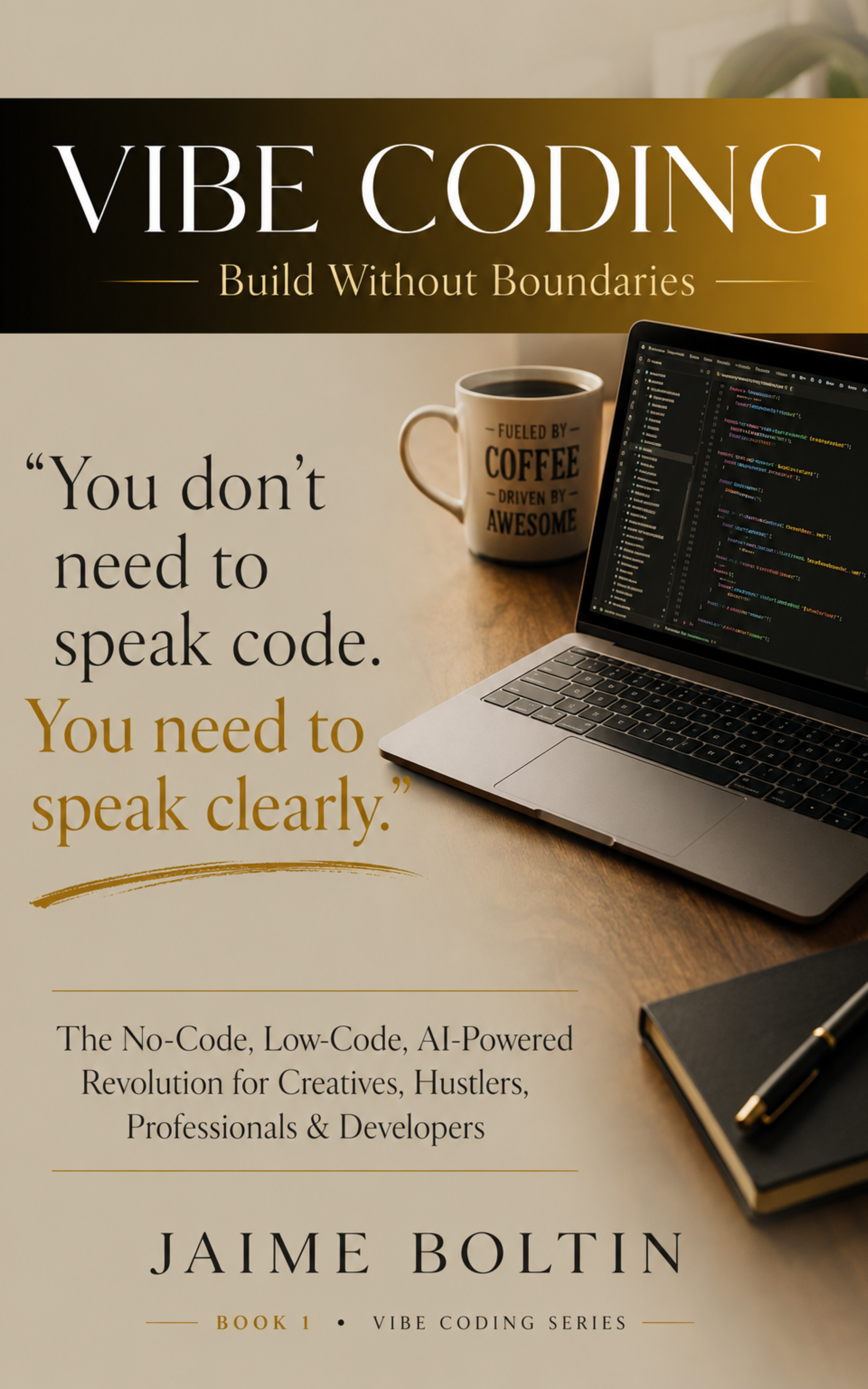 Book cover titled 'VIBE CODING' with the subtitle 'Build Without Boundaries.' The cover features a coffee mug with text, a laptop with code, and a notebook with a pen on a desk.