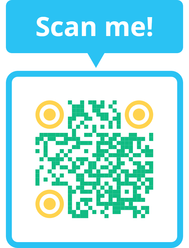Blue sign with white text that says "Scan me!" and a QR code below it.
