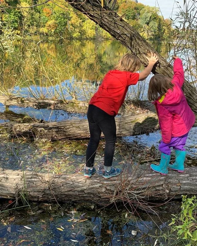 Two children, a girl in a red shirt and black pants, and a girl in a pink jacket, purple rain boots, and yellow shirt, are standing on fallen tree branches by a river.