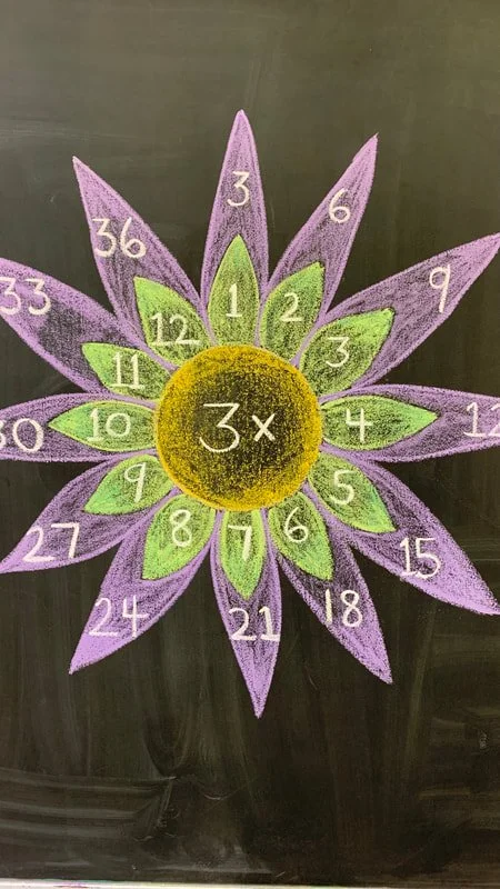 Chalk drawing of a flower with purple petals, green leaves, and a yellow center on a black background, numbered from 1 to 36.