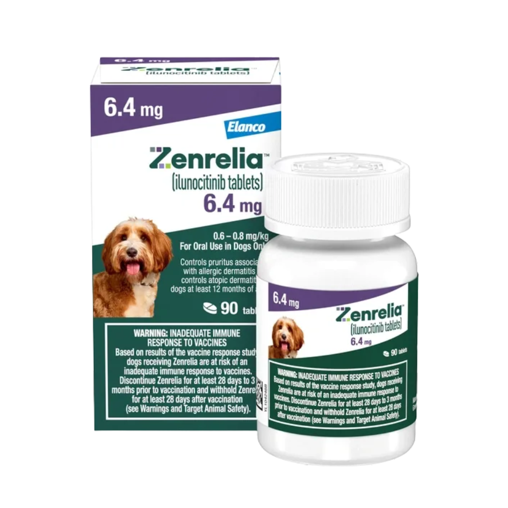 A bottle and box of Zenrelia (ilunocitinib tablets) for dogs, containing 6.4 mg tablets. The packaging features a picture of a happy dog and includes dosage and safety information.