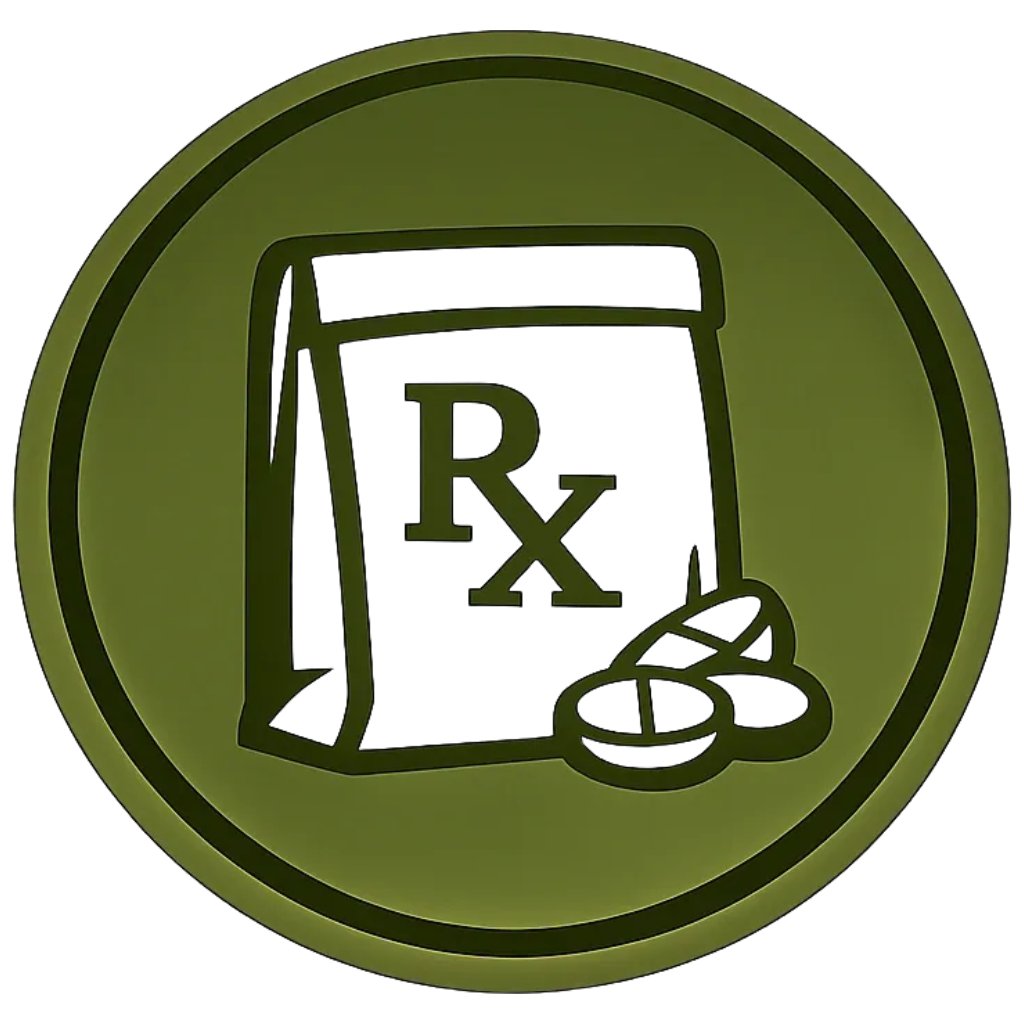A circular badge with a green background, featuring a pharmacy-related design including a pill bottle, pills, and the Rx symbol.