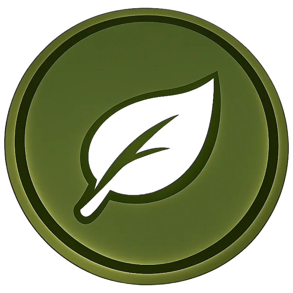 Green circular icon with a black leaf symbol in the center.