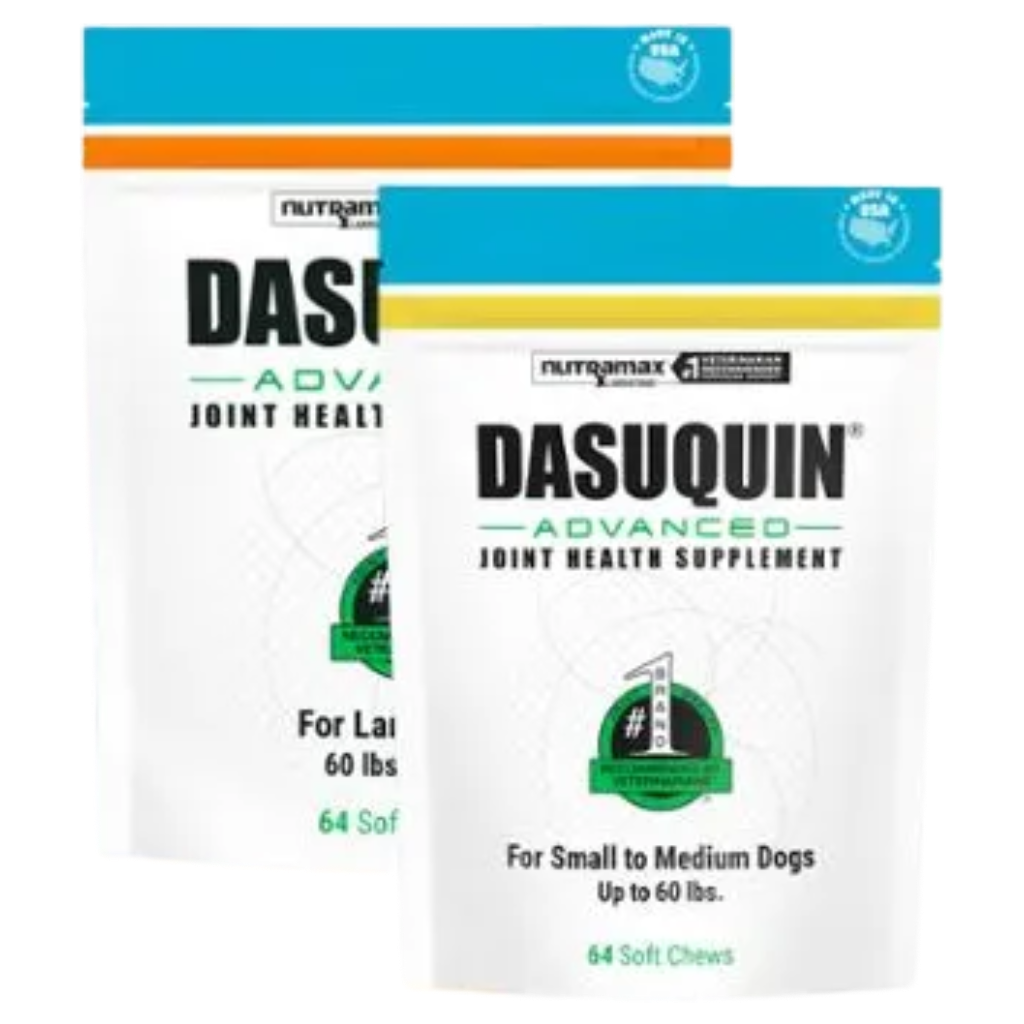 Front view of two Dasuquin Advanced joint health supplement packages for small to medium dogs, showing product name, branding, and intended dog sizes, with blue, white, yellow, green, and black colors.