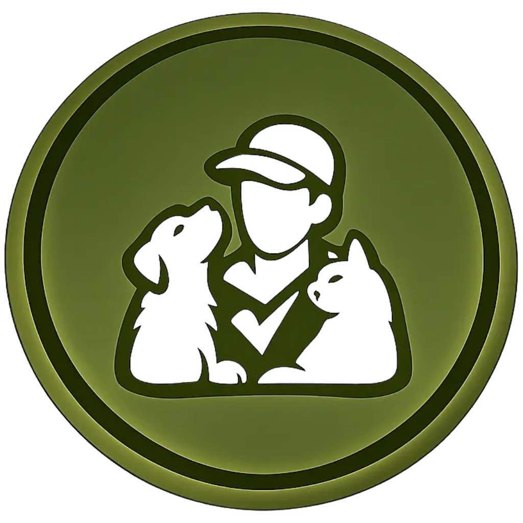 Green circular emblem with a black outline of a person wearing a cap, holding a dog and a cat, within the circle.