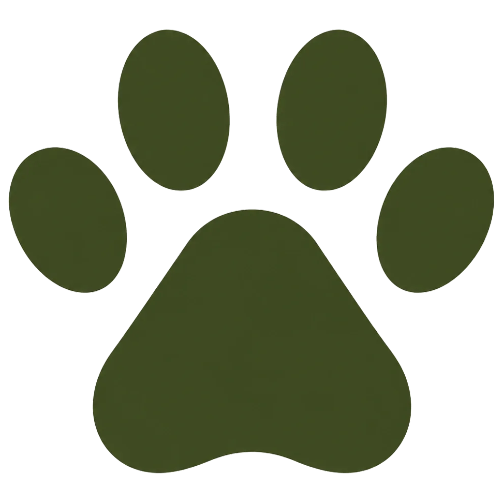 A cartoon or stylized image of a dog paw print, colored in dark green.
