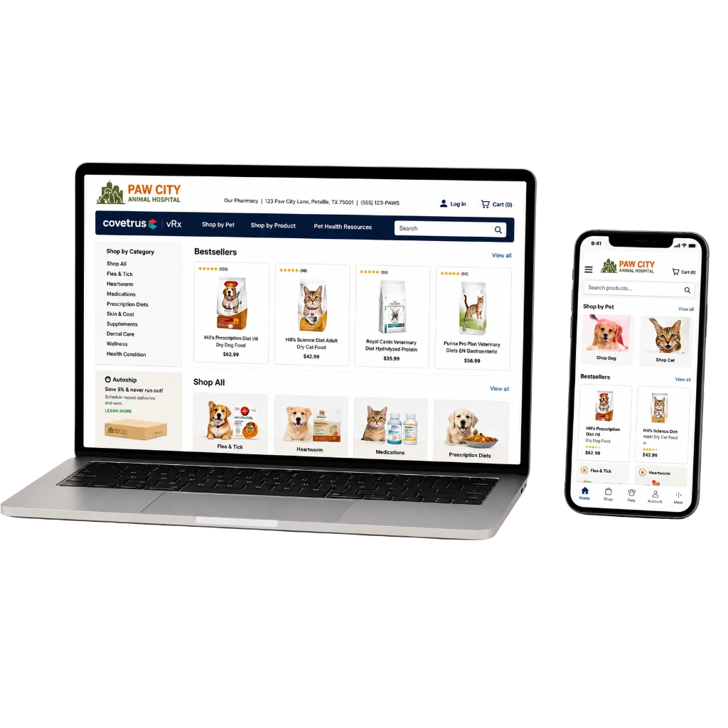 Laptop and smartphone displaying Paw City Animal Hospital's online pet product store with categories like bestsellers, and pet products such as dog and cat food, medication, and pet health resources.
